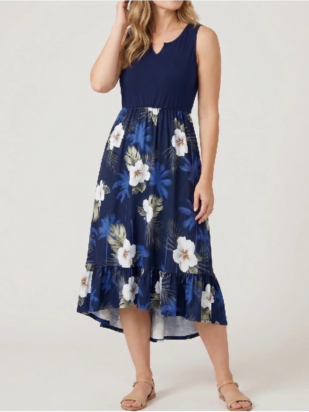 Navy Floral Sleeveless Midi Dress - Women's Summer Dress, Size L